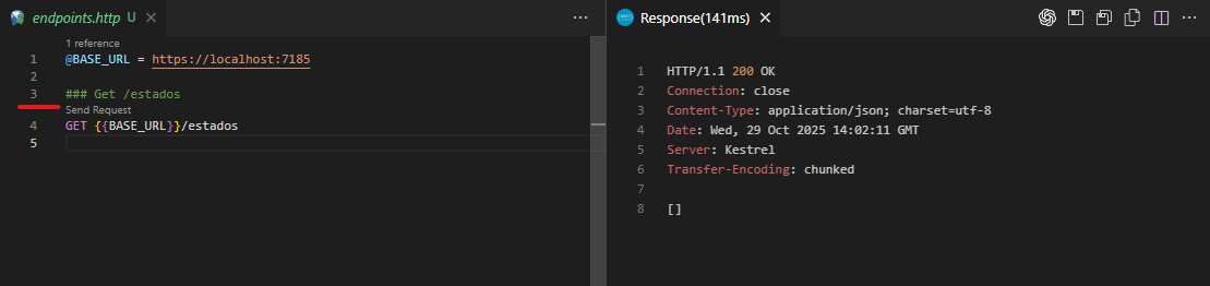Testando o endpoint Get /estados no Visual Studio Code